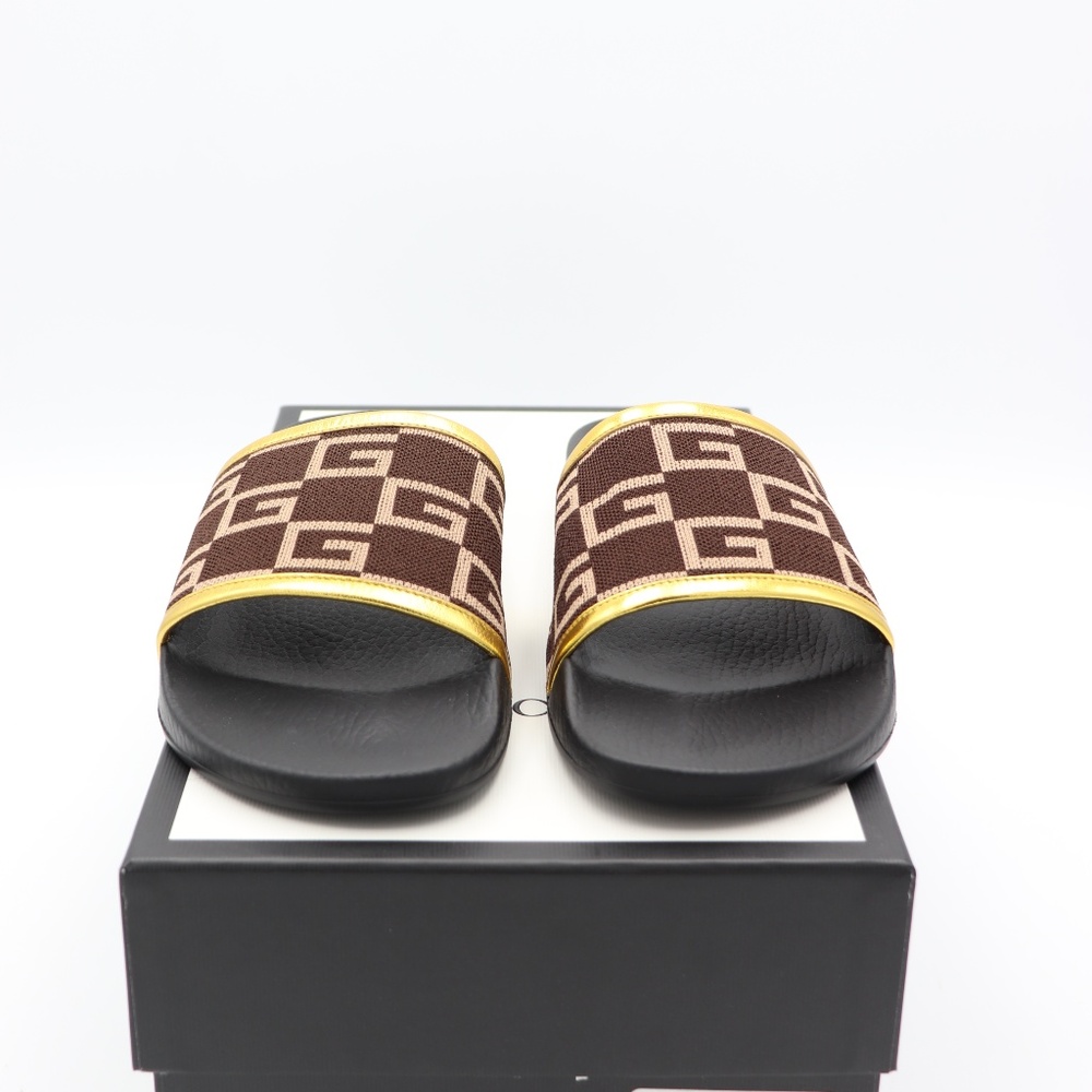 GUCCI Pursuit GG Knit Brown Gold Slide Sandals - Picture 3 of 8
